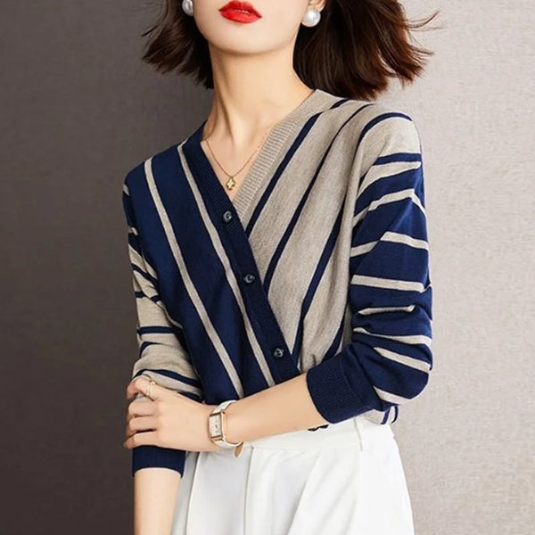 Womens Striped Pullover Sweater V Neck Long Sleeve Button Fall Winter