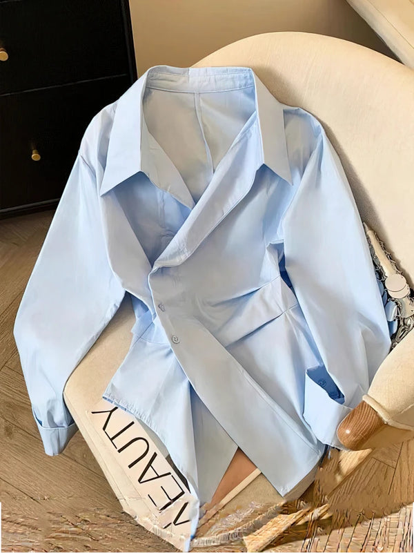 Asymmetric Polo Shirt Women Long Sleeve White Tunic Work Blouse