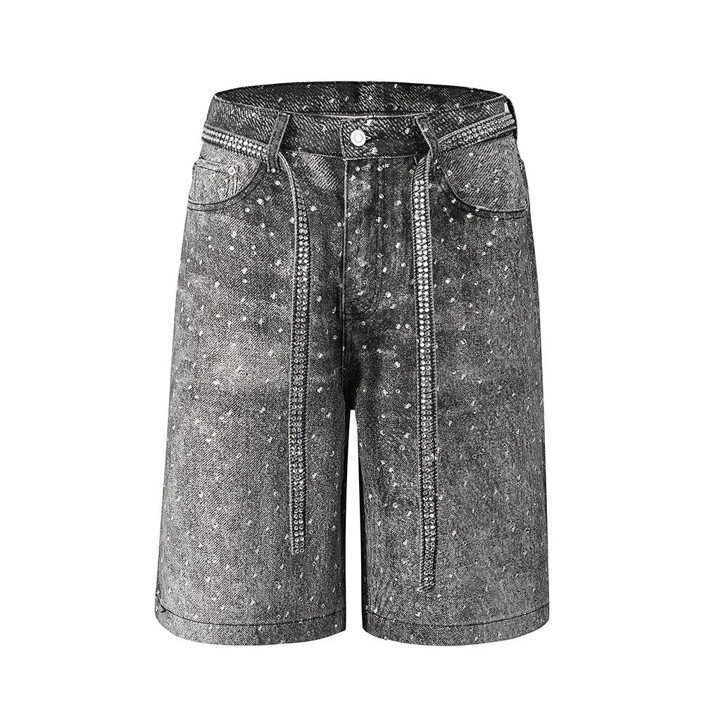 Men's Rhinestone Baggy Denim Shorts Wide-Leg Loose Five-Point Jeans