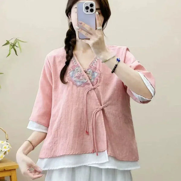 Womens Vintage Embroidered Top Cotton Linen Loose Summer Shirt