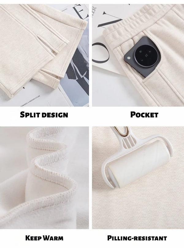 Fleece Lined Wide Leg Pants Women Split Hem Winter Trousers