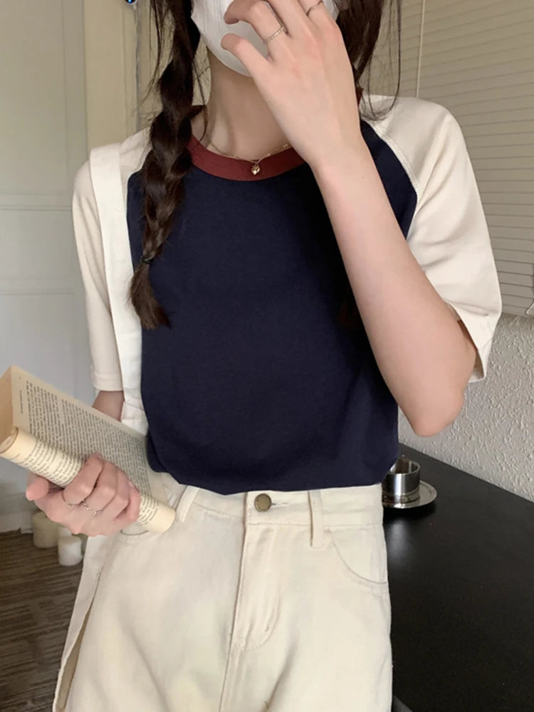 Summer Tops Women Tshirt Collar Short Sleeve Beige Blue Chic Y2k Fashion