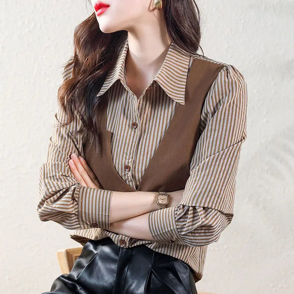 Spliced Striped Fake Two Pieces Shirt Women's Clothing