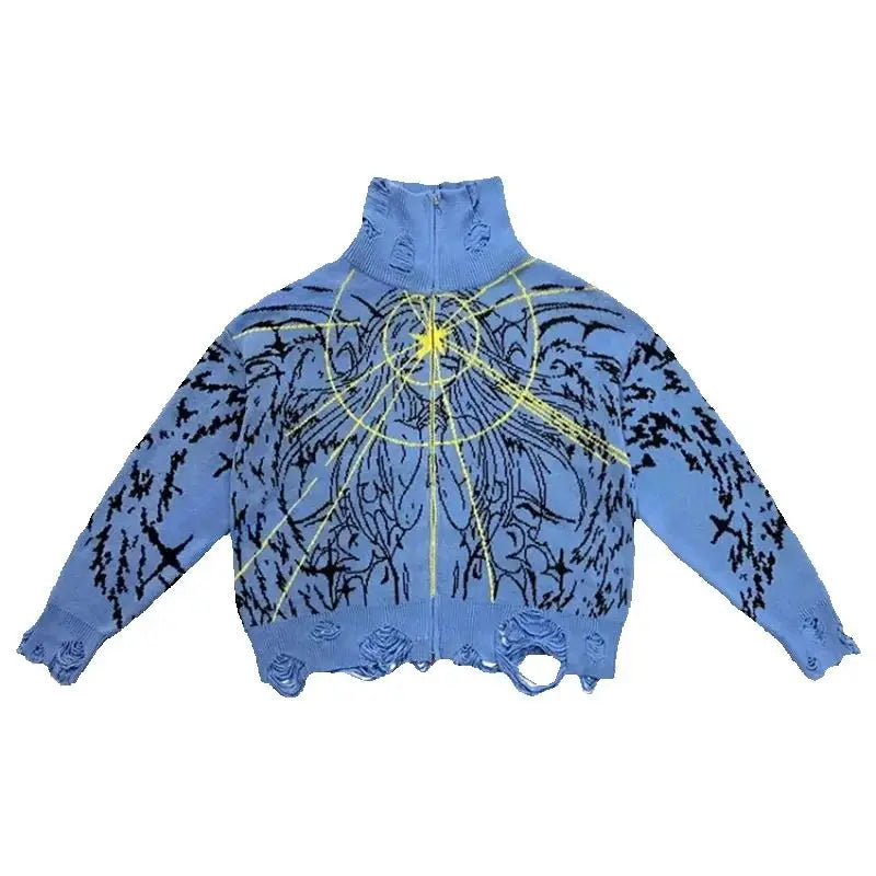 Y2K Angel Cartoon Print Zipper Cardigan High Street Knit Sweater