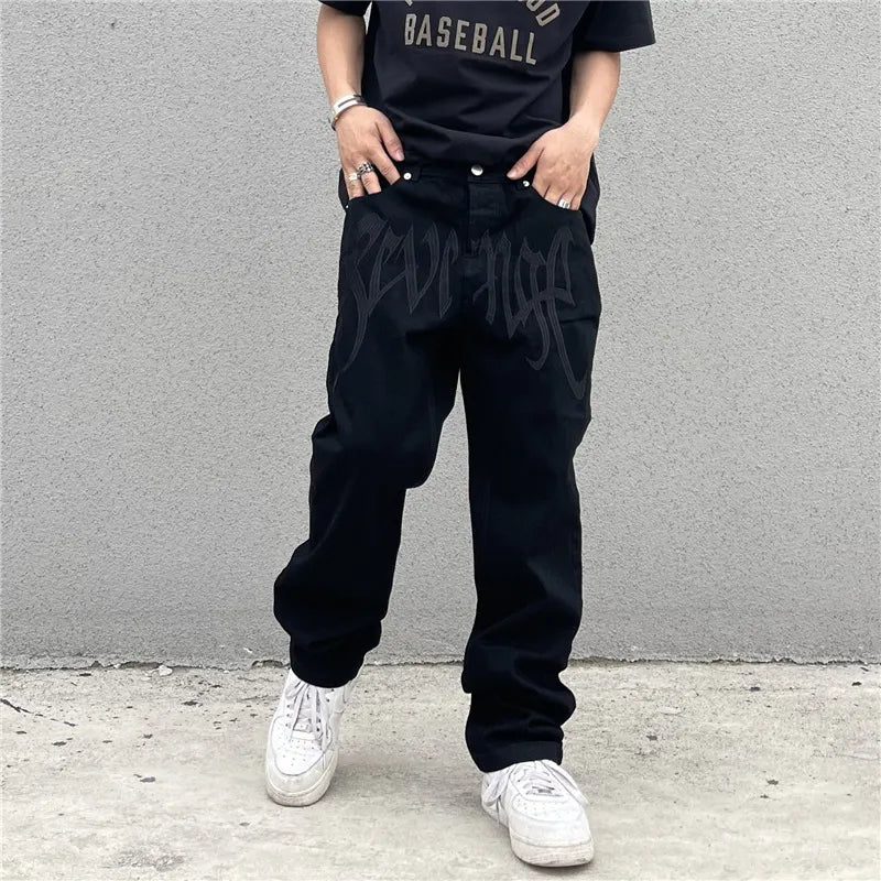 Black Baggy Jeans Men New Streetwear American Retro