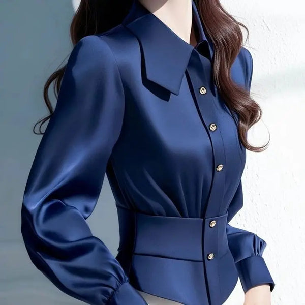 Elegant Blue Satin Blouse Womens Long Sleeve Slimming Dressy Top