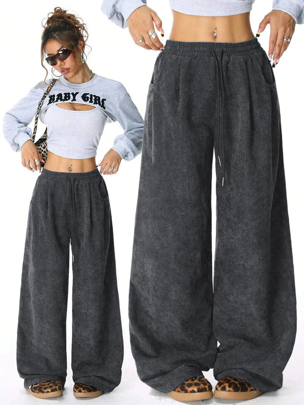 Women High Waisted Wide Leg Pants Drawstring Casual Lounge Trousers