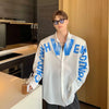 Mens Shoulder Pad Shirt Graffiti Letter Square Collar Long Sleeve