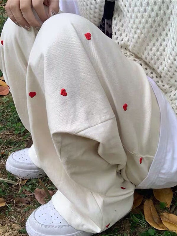 Women Sports Pants WideFashion Love Harajuku Sweatpants Beige