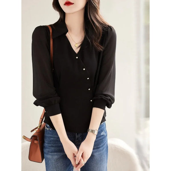 Womens Half Button Shirt Collar Long Sleeve Work Blouse Casual Top