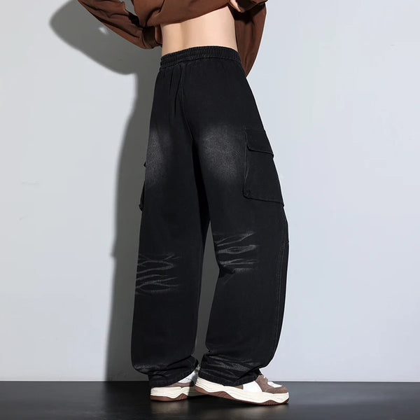 Mens Wide Leg Cargo Jeans Washed Denim Oversized Fit Plus Size 9XL