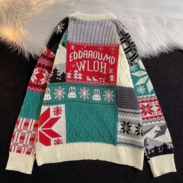 Mens Twist Jacquard Knit Sweater Vintage Pattern Crew Neck