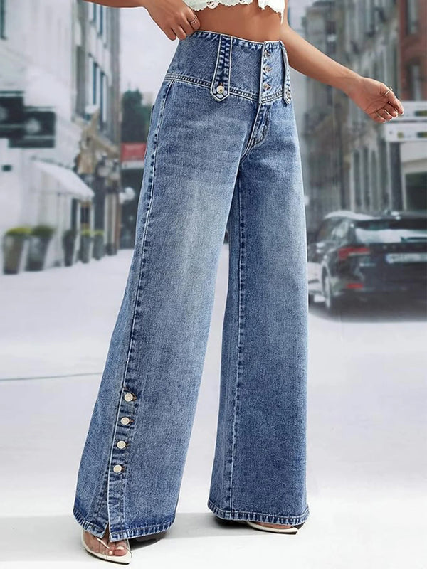 Mid Waist Wide Leg Jeans Women Blue Button Fly Loose Denim Pants
