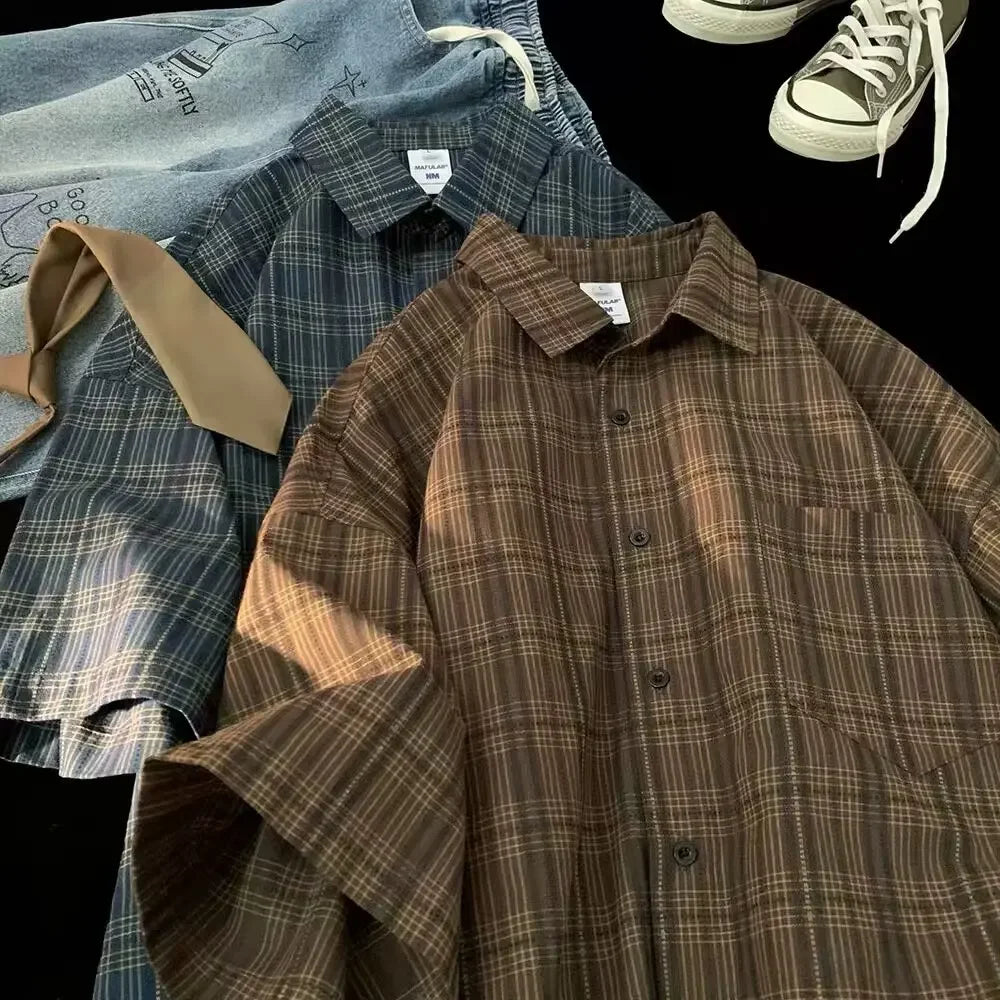 Vintage Plaid Short Sleeve Shirt Men Streetwear Loose Fit Casual