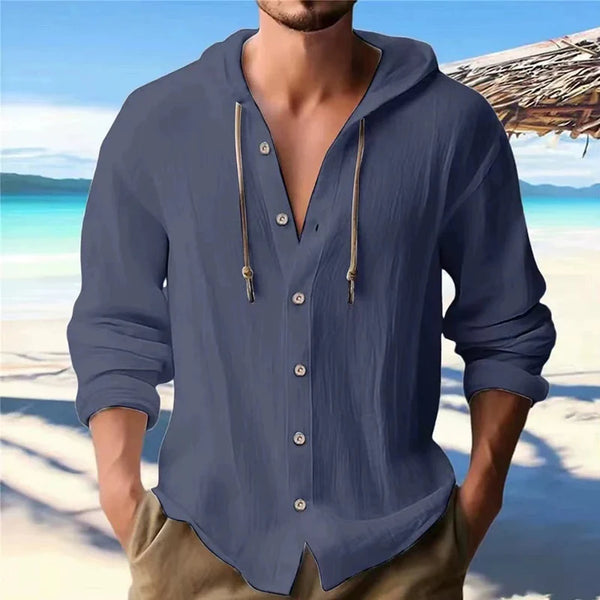 Men's Linen Hooded Shirt - Long Sleeve Button Cardigan Casual