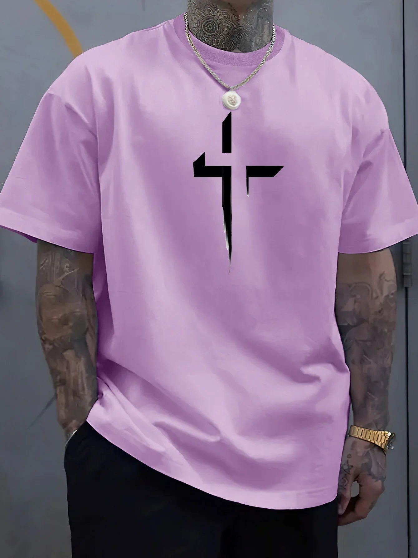 Men's Cross Print Oversized T-Shirt Casual Summer Streetwear