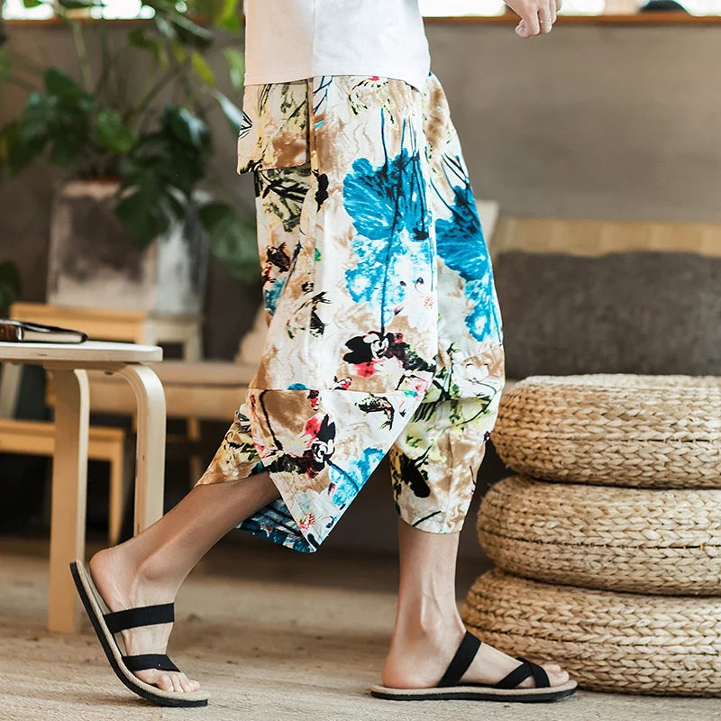 Harajuku Summer Loose Calf Length Casual Pants Cotton Linen Baggy Pants