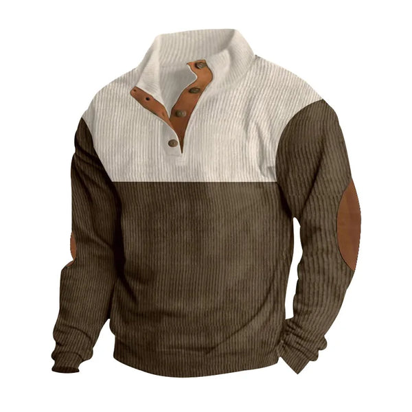 Men's Corduroy Sweatshirt - Stand Collar Color Block Button Up