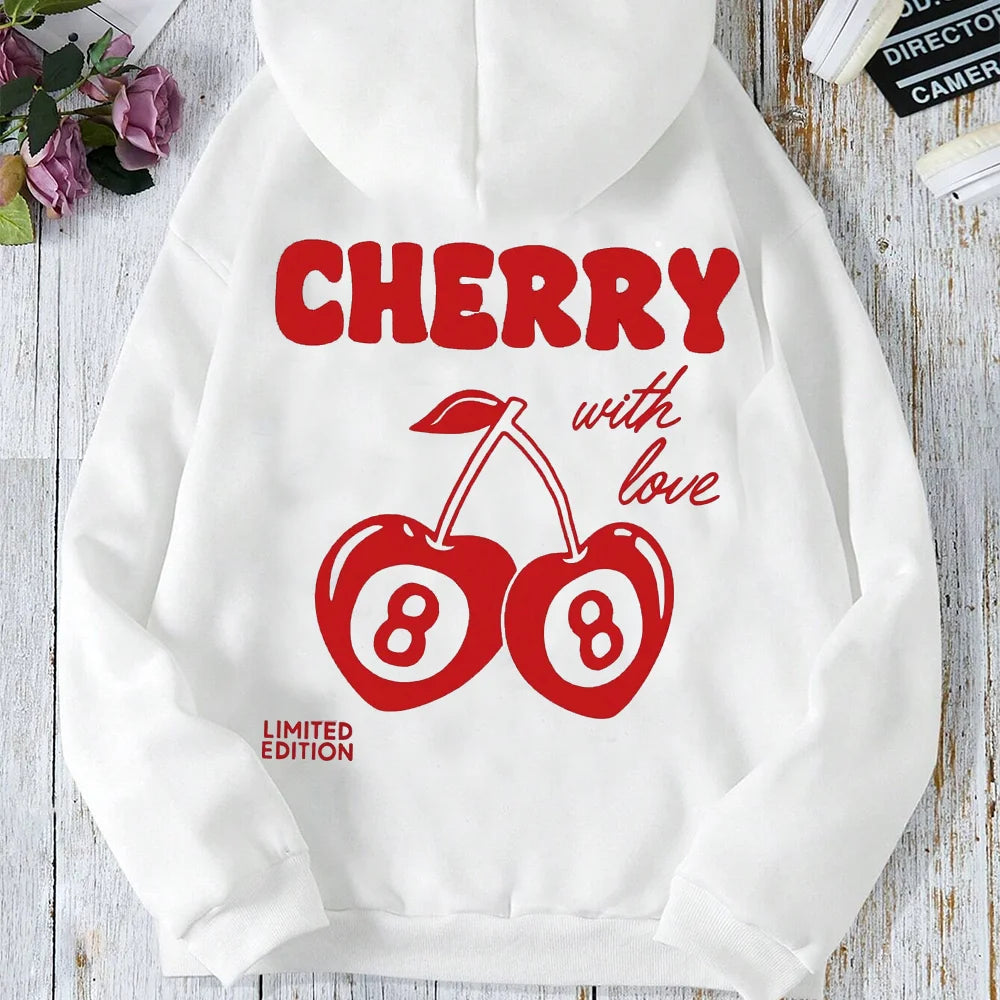 Women’s Cherry Print Hoodie Long Sleeve Vintage Casual Sweatshirt