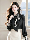 Womens Chiffon Blouse Bow Tie Long Sleeve Korean Office Loose Fit