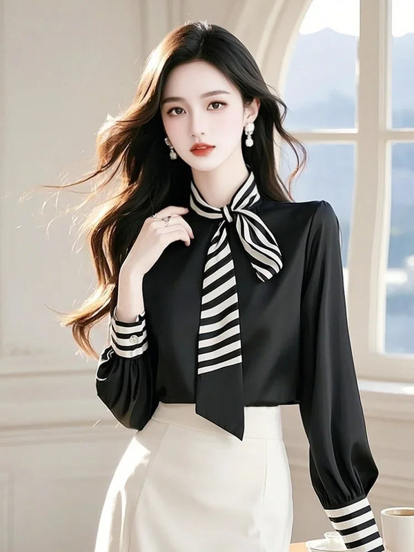 Womens Chiffon Blouse Bow Tie Long Sleeve Korean Office Loose Fit