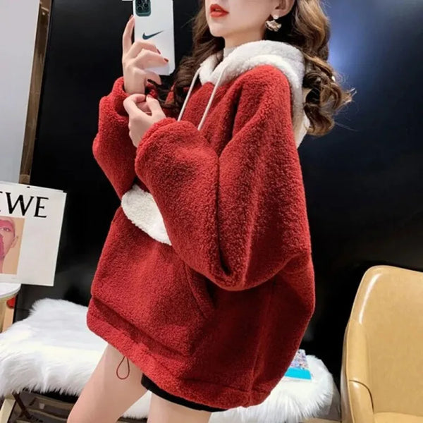 Womens Christmas Fleece Hoodie Big Pocket Patchwork Pullover Warm