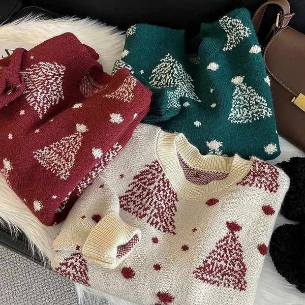 Womens Christmas Tree Sweater Red Pullover Knit Cozy Holiday Casual