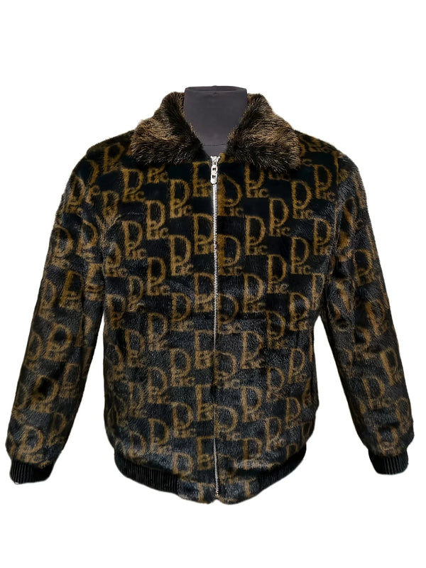 Mens Faux Fur Lapel Winter Jacket Letter Print Warm Coat