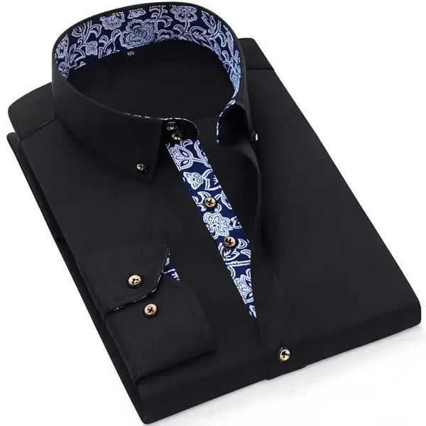 Men’s Blue-and-White Porcelain Cotton Shirt – Korean Fashion Long Sleeve Business Casual Dress Shirt
