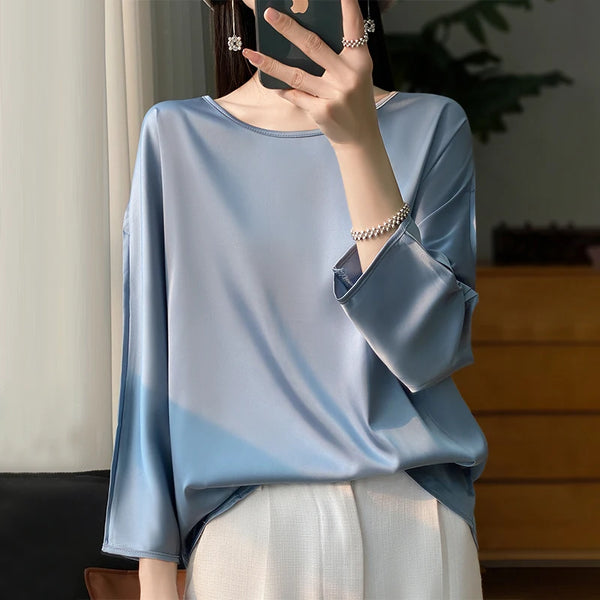 Womens Satin Blouse Three Quarter Sleeve Loose Fit Silk Top