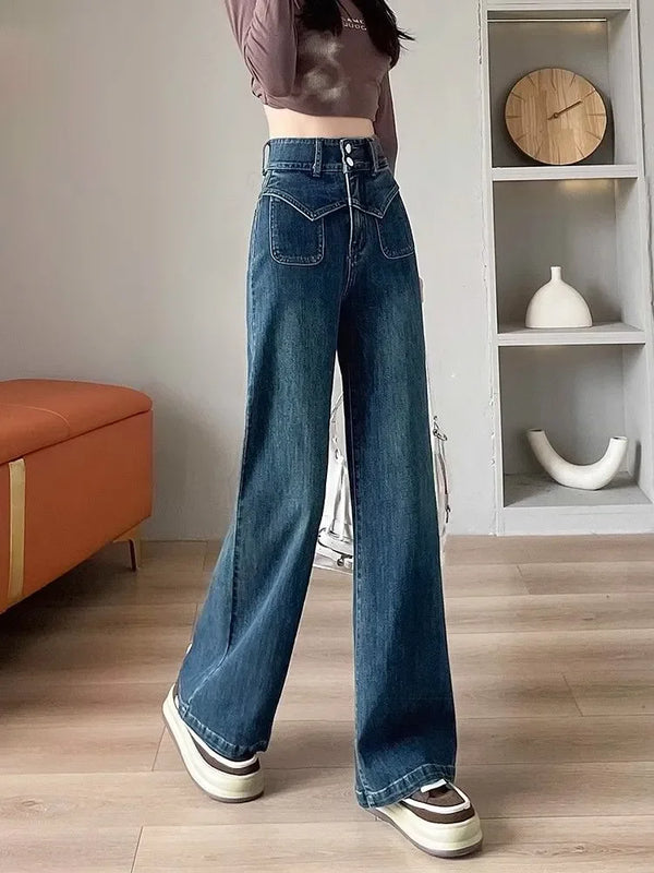 Womens High Waist Wide Leg Jeans Straight Fit Autumn Winter Pants