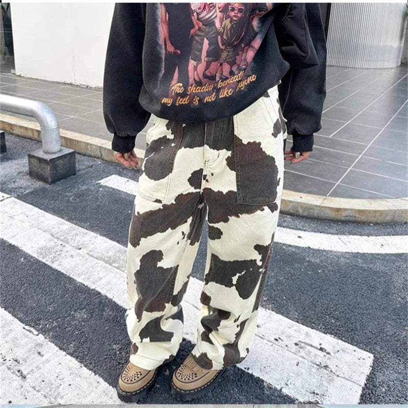 Women's High-Waisted Cow Print Pants Vintage Streetwear Trousers