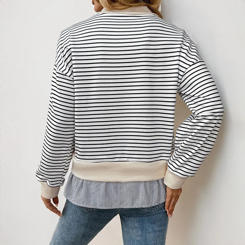 Women's Fake Two-Piece Striped Hoodie Spring Top