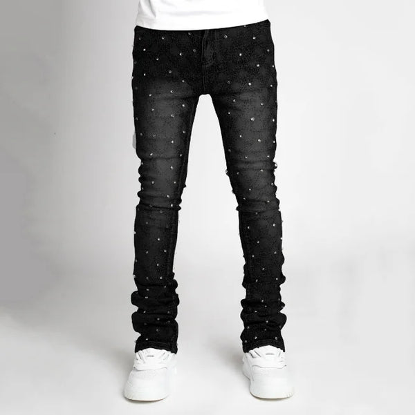 Men Pearl Detail Jeans Straight Leg Stretch Denim Pants Fashion
