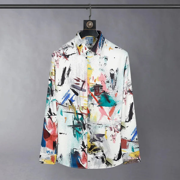 Silk Graffiti Shirt Men Long Sleeve Streetwear Nightclub Stage