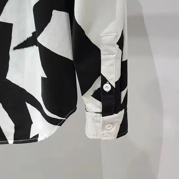 Mens Polo Collar Shirt Long Sleeve Button Up Abstract Print Casual