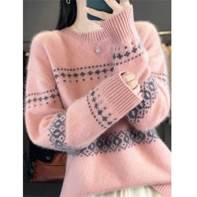 Womens Wool Sweater Jacquard Crew Neck Oversized Pullover