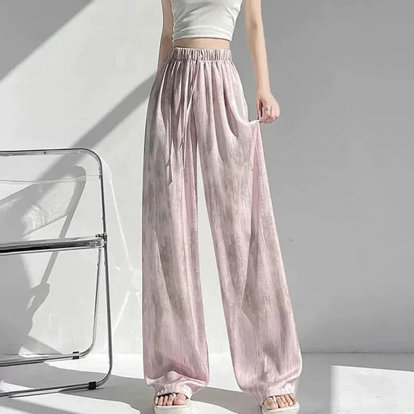 Satin Tie Dye Wideleg Pants Women Drawstring Draped Straight Pants