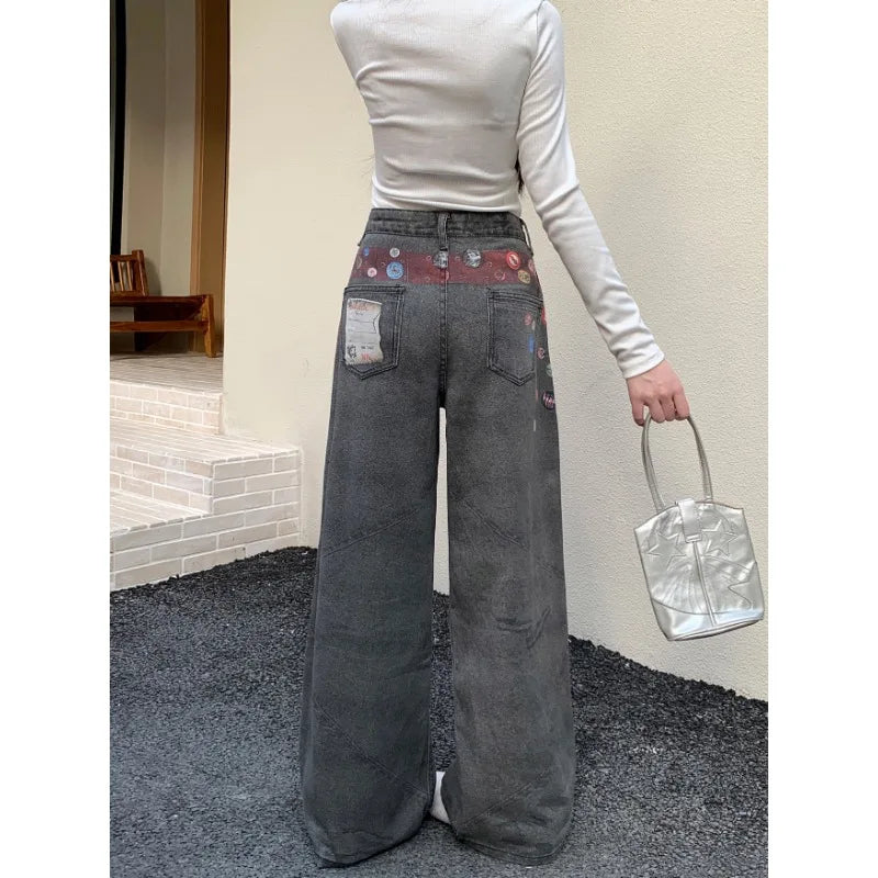 Women's Y2K Wide Leg Applique Denim Jeans