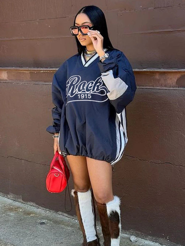 Edgy Letter Print V-Neck Pullover – Women’s Streetwear Tee