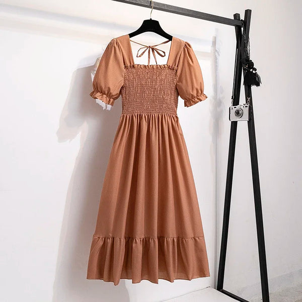 Spring Summer Elastic Waist Chiffon Dress Women Casual Pleated A-line
