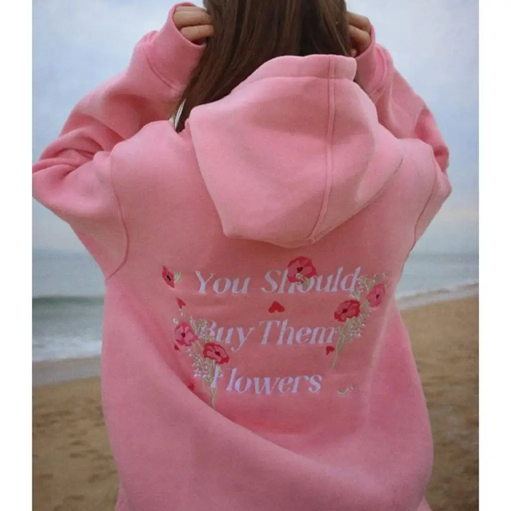 Women’s Aesthetic Floral Embroidery Hoodie Loose Pullover Sweatshirt