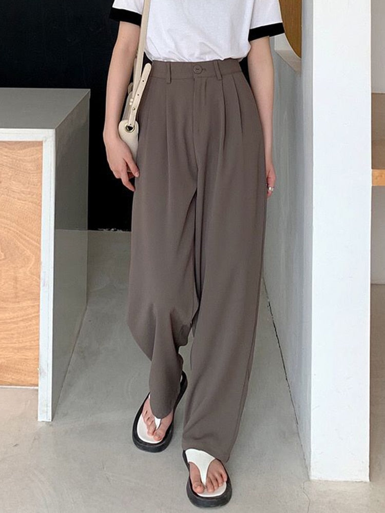 Women Pants Fall Straight Causal Full Length Trousers Vintage Coffee Pockets - xinnzy