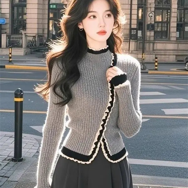 Women White Lace Sweater Striped Winter Layering Top Christmas 2025