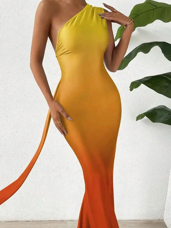 Elegant Sleeveless Women's Dress Skew Collar Asymmetrical Ruffle Design