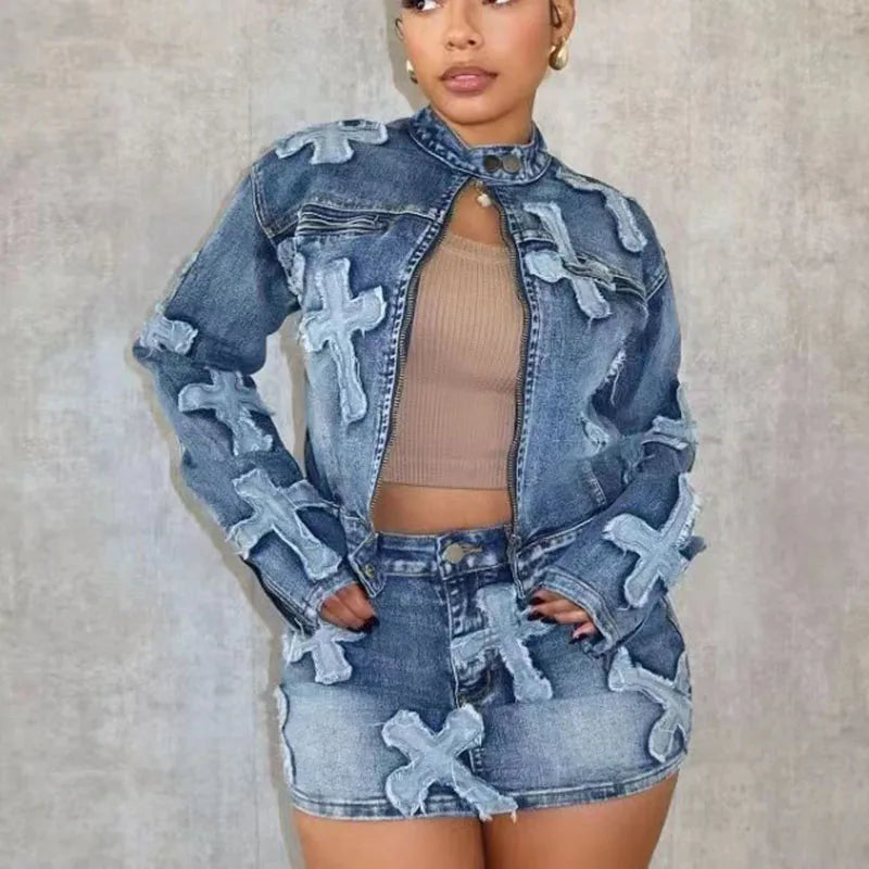 Y2K Patchwork Denim Skirt Set Women's Embroidered Jacket & Mini Skirt
