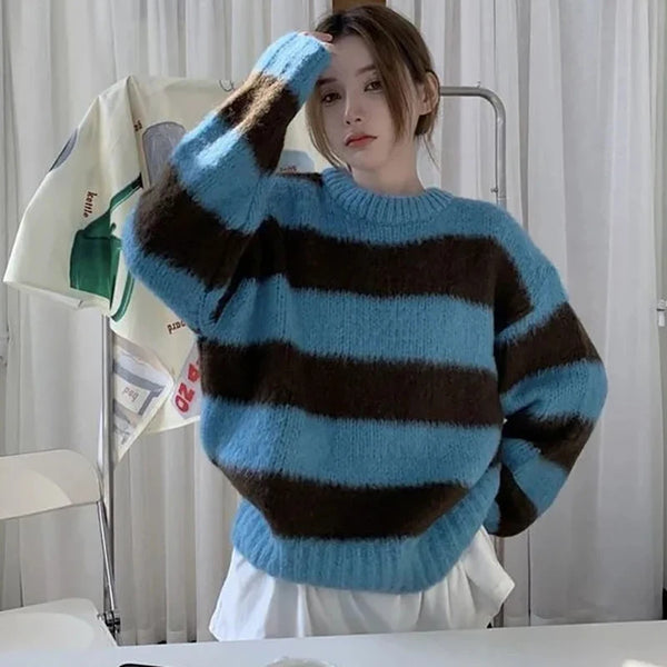 Womens Striped Knit Sweater Oversized O Neck Pullover Casual Top