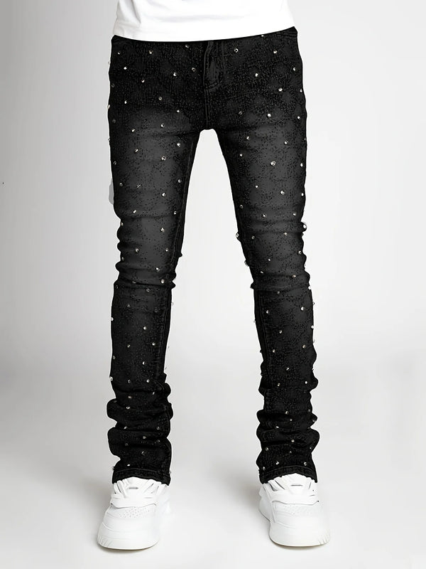 Men Pearl Detail Jeans Straight Leg Stretch Denim Pants Fashion