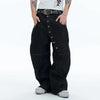 Mens Buckle Detail Curved Leg Jeans Black Wide Fit Hip Hop Pants