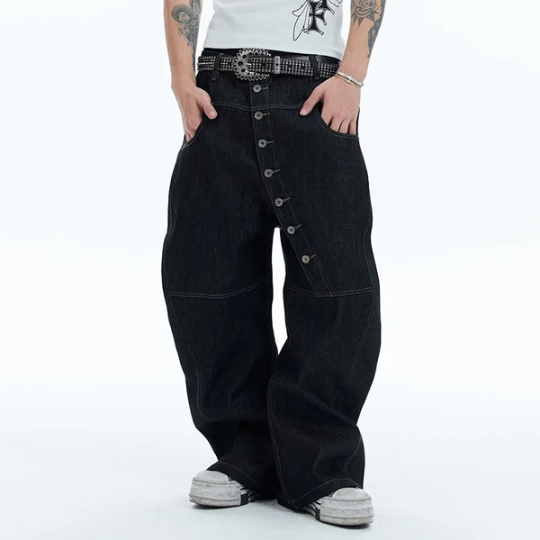 Mens Buckle Detail Curved Leg Jeans Black Wide Fit Hip Hop Pants